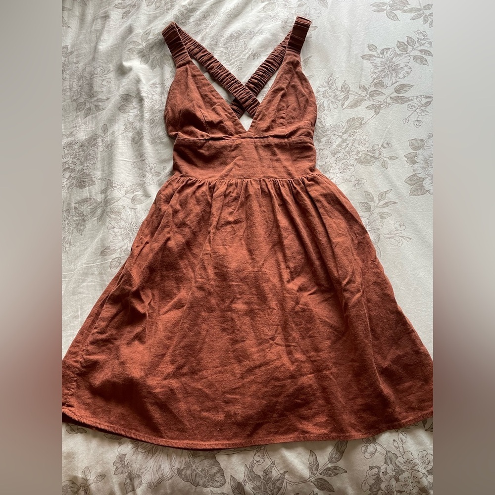 Abercrombie Chestnut Brown Linen Blend Romper Dress XS Tall Minimalist Classic - Picture 8 of 8